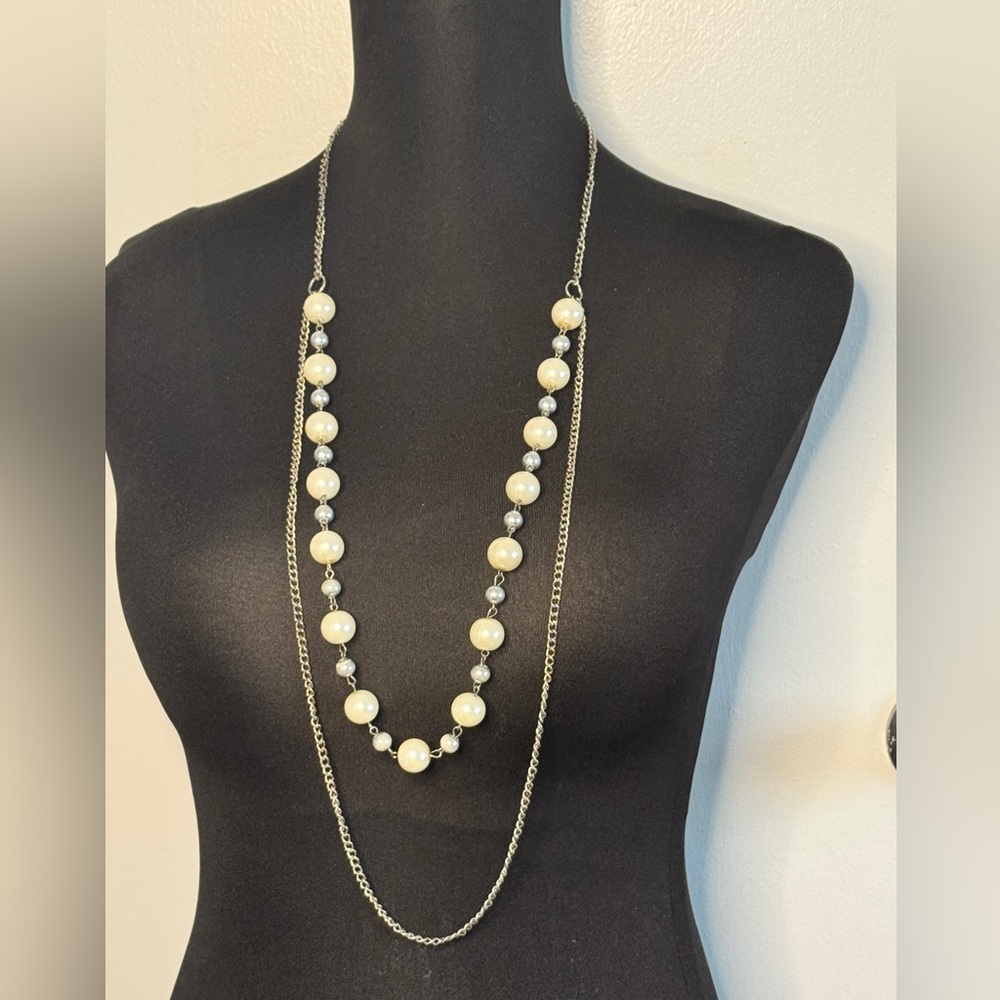 Long Pearl and Silver Necklace